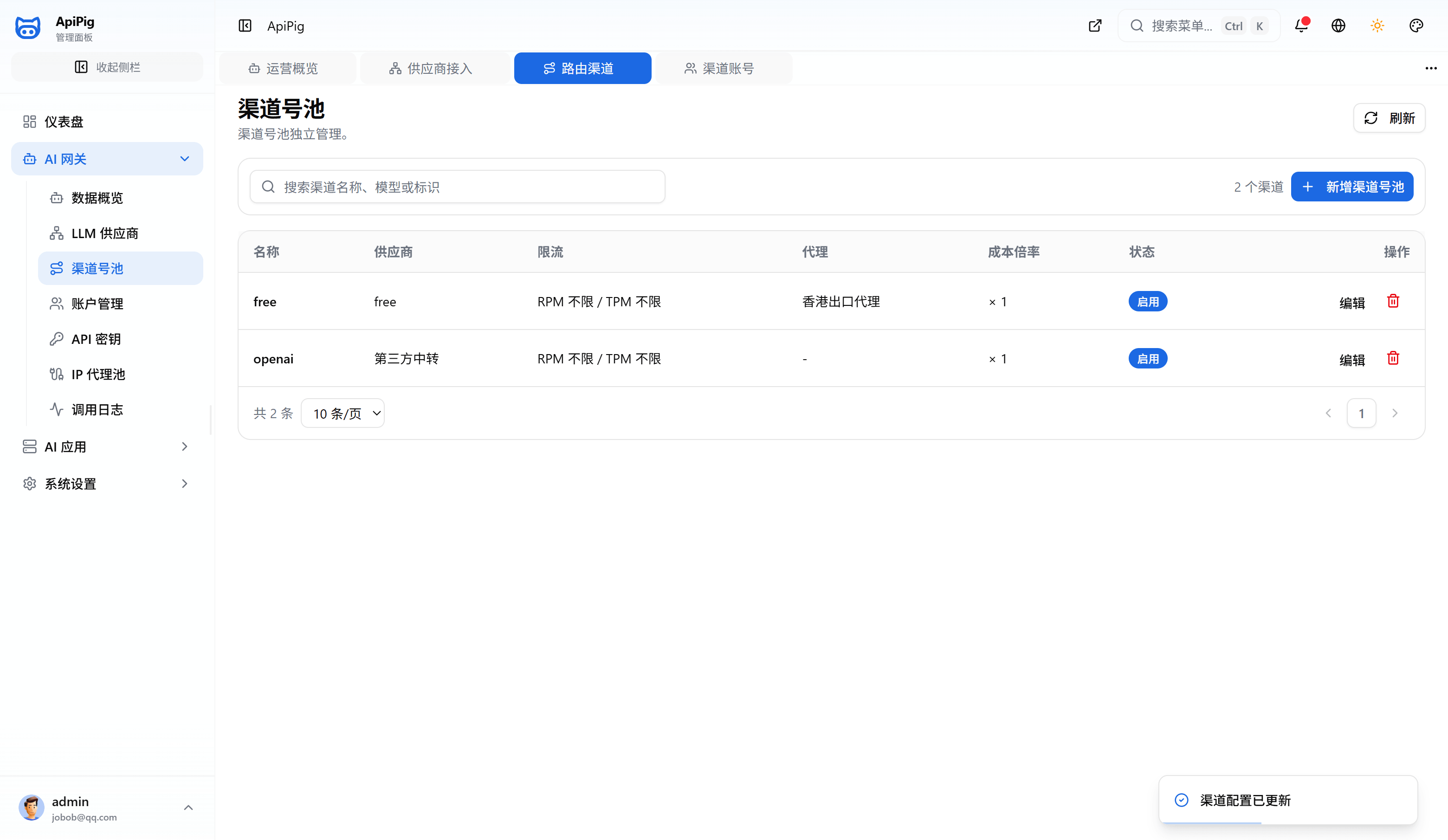 渠道账号池列表