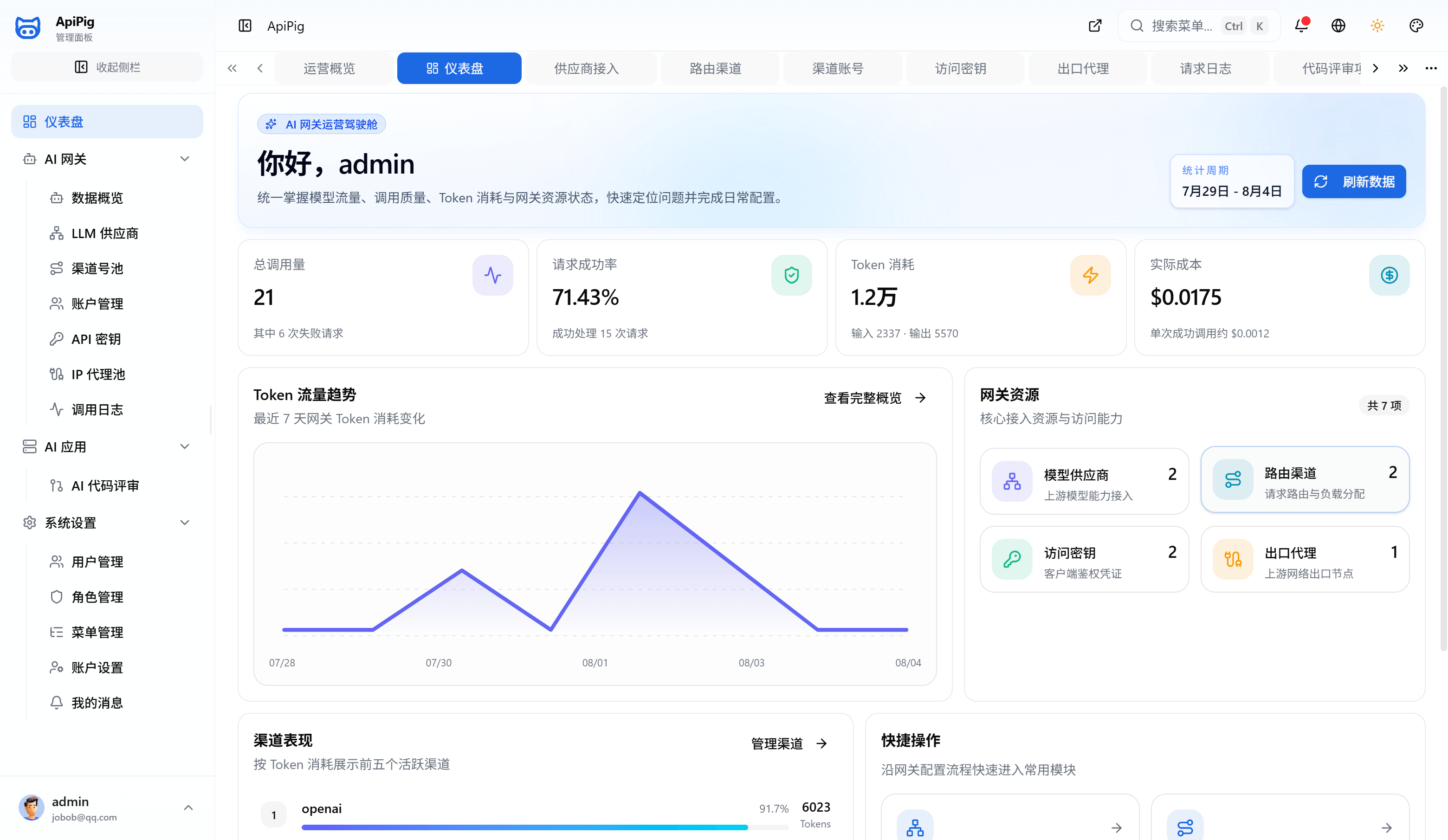 ApiPig 运营总览仪表盘界面